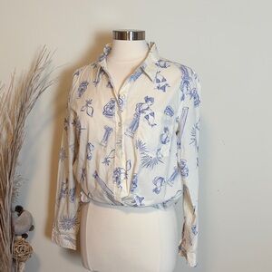 NWT Lucky Brand Women's Cream Button-down Shirt with Ancient Blue Patterns